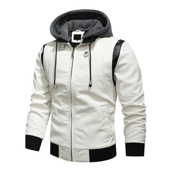 WTOBBY Men's Leather Stand Collar Detachable Hooded Motorcycle Jacket, Fashionable Colorblock Coat for Riding and Casual Outfits,for All-Season Use,White M