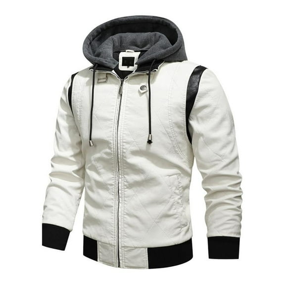 WTOBBY Men's Leather Stand Collar Detachable Hooded Motorcycle Jacket, Fashionable Colorblock Coat for Riding and Casual Outfits,for All-Season Use,White XL