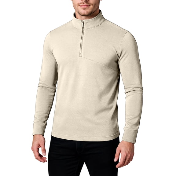 WTOBBY Men's Leisure Stand Collar Long Sleeve Top, Thickened Versatile Loose Fit with Zipper Closure and Silk Blend Fabric for Elegant Casual Wear,Khaki 2XL