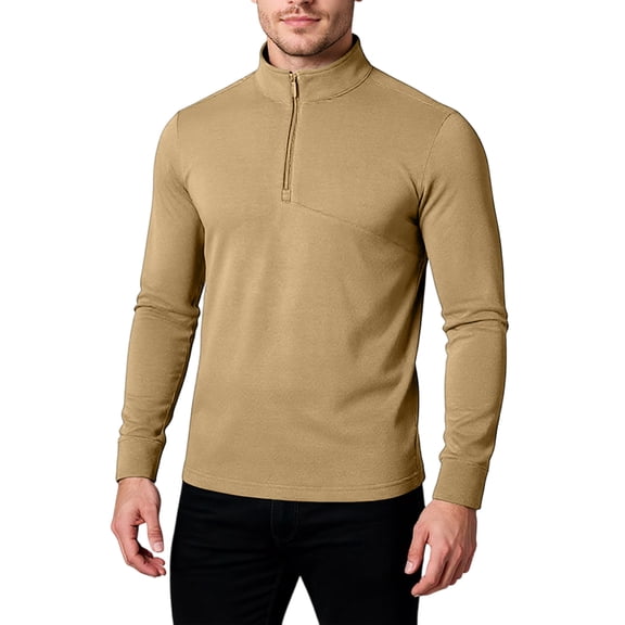 WTOBBY Men's Leisure Stand Collar Long Sleeve Top, Thickened Versatile Loose Fit with Zipper Closure and Silk Blend Fabric for Elegant Casual Wear,Yellow 2XL