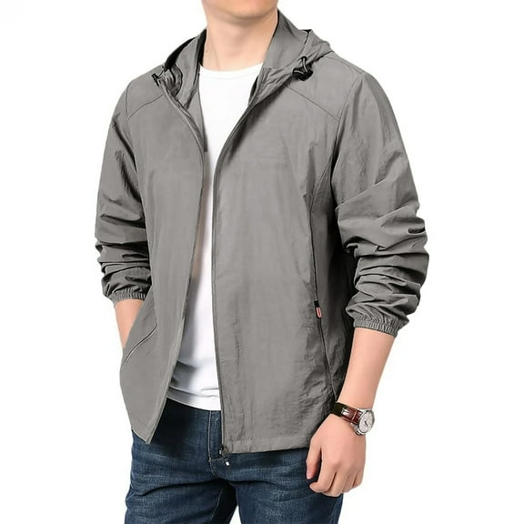 WTOBBY Men's Lightweight Hooded Windbreaker, Loose Fit Outdoor Long Sleeve Jacket with Water-Repellent Finish, Packable Travel Shell,Light Gray M