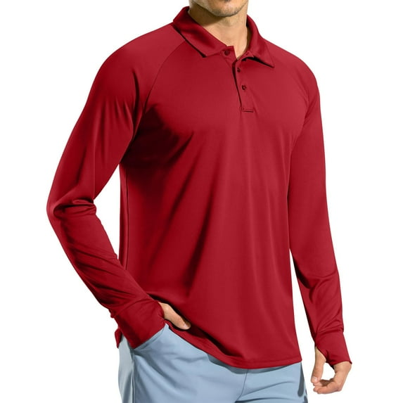 WTOBBY Men's Lightweight Long Sleeve Golf Shirt with Raglan Sleeve and UPF 50+ Sun Protection for Sporty Casual Wear Quick Dry Performance Shirt ,Red M