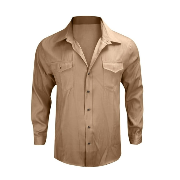 WTOBBY Men's Lightweight Long Sleeve Shirt Lapel Collar Solid Color jean Style Casual Summer Button Front Breathable Travel Resort Wear Top,Khaki L