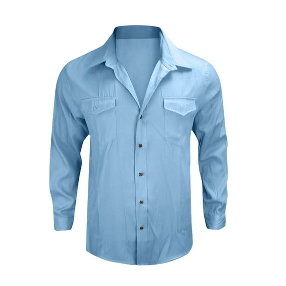 WTOBBY Men's Lightweight Long Sleeve Shirt Lapel Collar Solid Color jean Style Casual Summer Button Front Breathable Travel Resort Wear Top,Light Blue 3XL