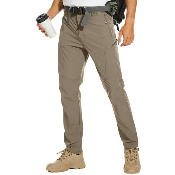 WTOBBY Men's Lightweight Quick-Dry Hiking Pants with Zipper Pockets Waterproof Breathable Trekking Cargo Trousers - Outdoor Athletic Performance Long Pants Includes Belt Accessory,Khaki M