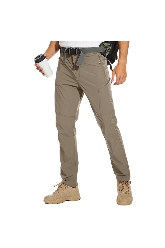 Men's Lightweight Quick-Dry Hiking Pants with Zipper Pockets Waterproof Breathable Trekking Cargo Trousers - Outdoor Athletic Performance Long Pants Includes Belt Accessory,Khaki M