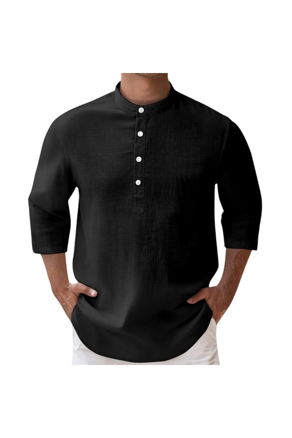 Men's Linen Shirt 3/4 Sleeve Stand Collar Button Up Casual Loose Fit Solid Color Breathable Summer Resort Wear Pocket Lightweight Travel Top,Black 3XL
