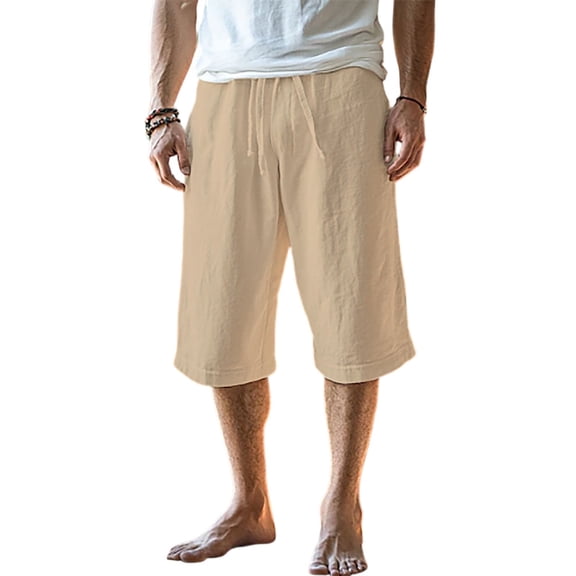 WTOBBY Men's Linen Beach Casual Capri Pants, Lightweight Straight Fit Solid Color for Outdoor Comfort Vacation ,Khaki L