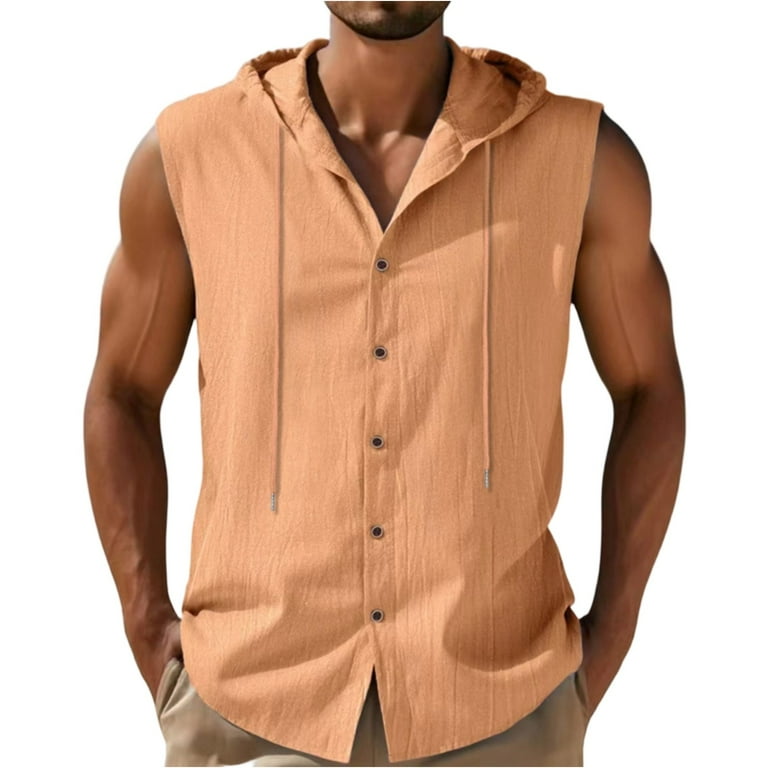 WTOBBY Men's Linen Hooded Sleeveless Vest Casual Loose-Fit Trendy