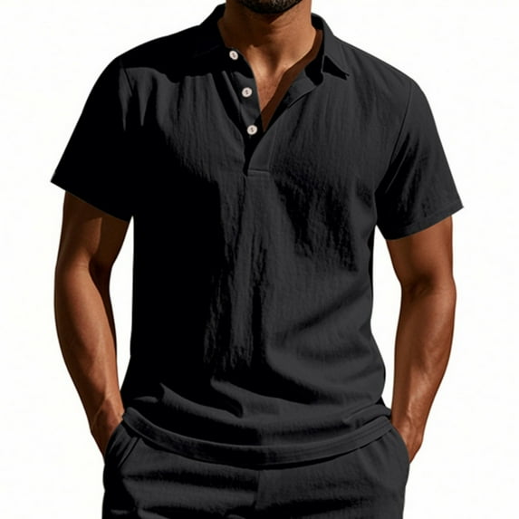WTOBBY Men's Linen Short Sleeve Shirt Lightweight and Breathable, Casual Summer Beach Shirt, Solid Color Top for Golf, Vacation, and Relaxed Outdoor Wear,Black 3XL