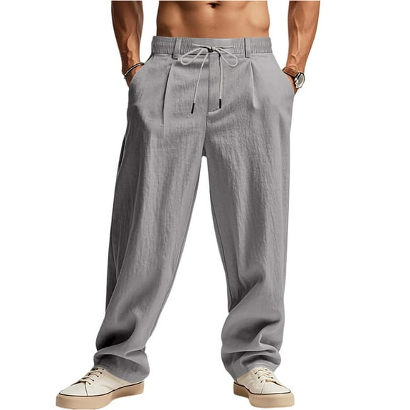 WTOBBY Men's Linen Wide Leg Beach Sports Pants with Minimalist Trendy Design, Loose Casual Comfort for Summer, Breathable Fabric and Elastic Waist for Yoga and Walking ,Gray M