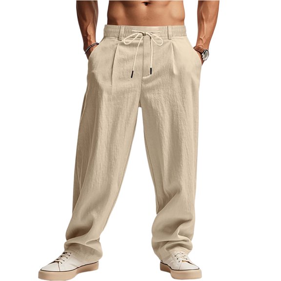 WTOBBY Men's Linen Wide Leg Beach Sports Pants with Minimalist Trendy Design, Loose Casual Comfort for Summer, Breathable Fabric and Elastic Waist for Yoga and Walking ,Khaki L