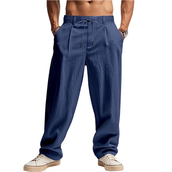WTOBBY Men's Linen Wide Leg Beach Sports Pants with Minimalist Trendy Design, Loose Casual Comfort for Summer, Breathable Fabric and Elastic Waist for Yoga and Walking ,Navy L