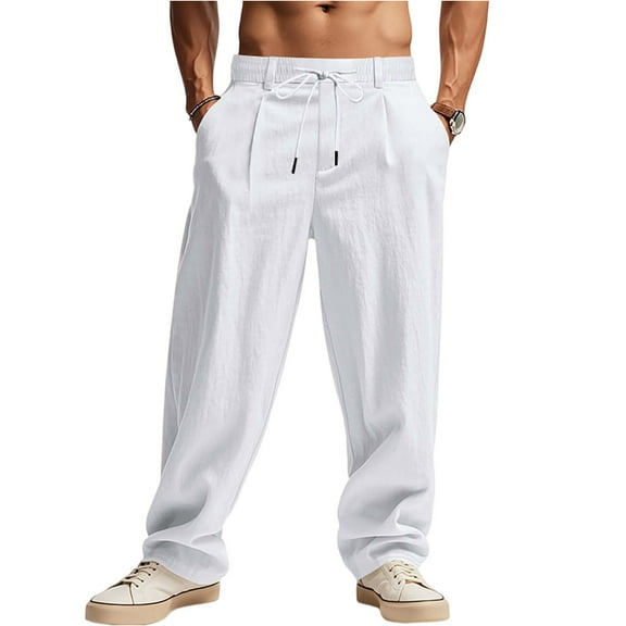 WTOBBY Men's Linen Wide Leg Beach Sports Pants with Minimalist Trendy Design, Loose Casual Comfort for Summer, Breathable Fabric and Elastic Waist for Yoga and Walking ,White 3XL