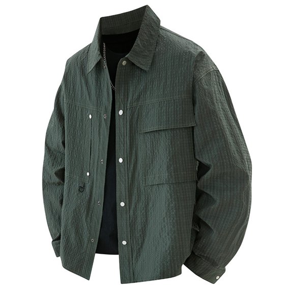WTOBBY Men's Long Sleeve Shirt Jacket, Plus Size Lapel Overshirt, Loose Fit Casual Button-Down Coat for Layering and Street Style Fashion,Green XL
