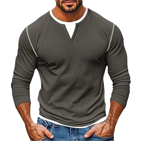 WTOBBY Men's Long Sleeve T-Shirt Fake Two Pieces V-Neck Shirt Trendy Casual Top with Patchwork Design for Fall Season and Lightweight Fit,Gray M