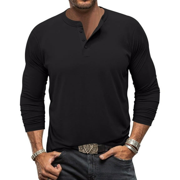WTOBBY Men's Long Sleeve T-Shirt Round Neck Henley Shirt Casual Top Comfortable Everyday Wear Shirt for Men in Relaxed Fit and Stylish Design,Black L