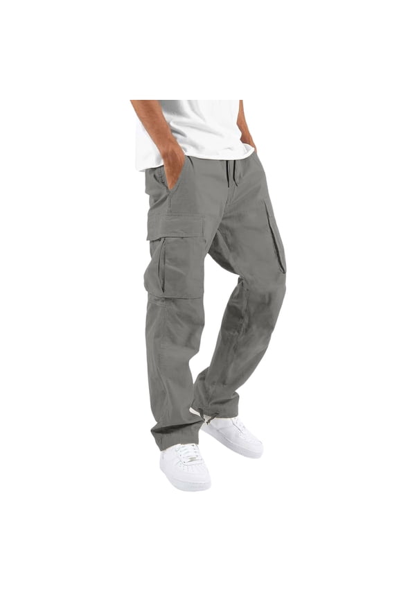 Men's Loose Casual Multi-pocket Work Pants with Youth Stretch Waist Drawstring, Comfortable and Functional Design for Everyday Wear, Elastic Waistband,Light Gray 2XL