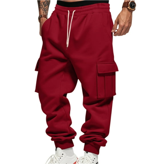 WTOBBY Men's Loose Fit Cargo Joggers Thickened Warm Pants with Pockets Casual Running Trousers for Outdoor Sports Men's Pants,Red M
