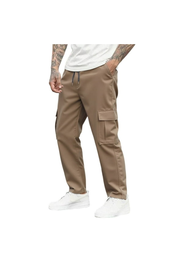 Men's Loose Fit Casual Work Pants Elastic Waist Drawstring Multi-Pocket Trousers for Youth - Comfortable Streetwear with Utility Pockets Daily Activity Design and Comfort,Light Brown 3XL