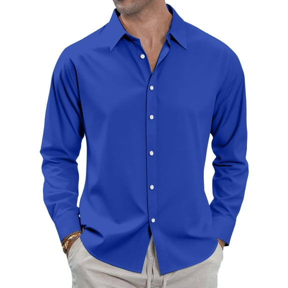 WTOBBY Men's Loose-Fitting Casual Button-Down Long Sleeve Shirt in Solid Color, Versatile and Comfortable for Everyday and Business Wear,Royal Blue L