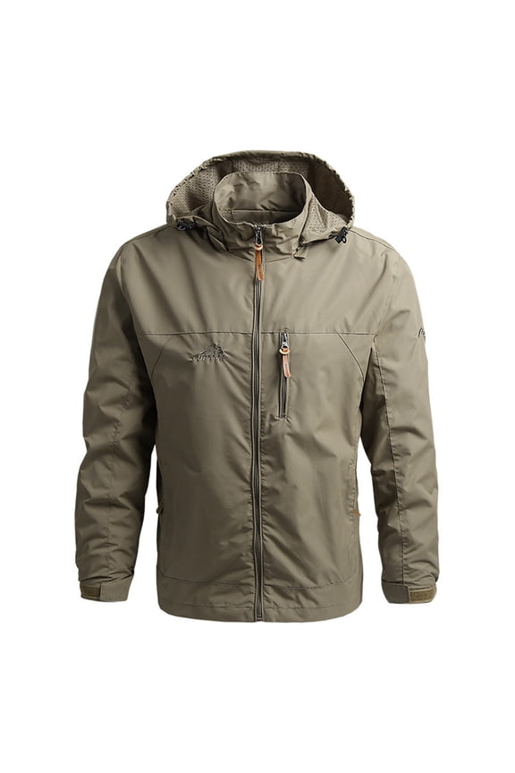 Men's Mid-Length Waterproof Windbreaker Jacket,Detachable Hood for Outdoor, Tactical Casual Design, Perfect for Winter and Spring for Hiking and Daily Wear,Khaki 2XL