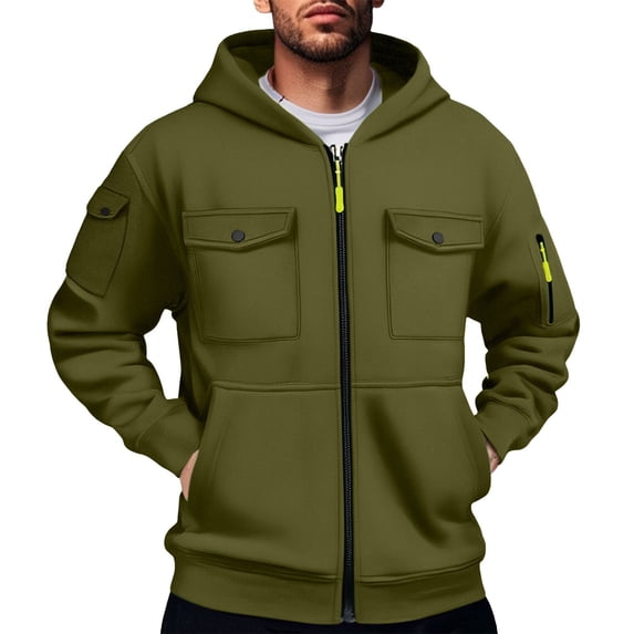 WTOBBY Men's Military Cargo Hoodie Jacket, Multi-Pocket Zippered Tactical Top, Athletic Wear for Outdoor Training and Street Style Fashion,Army Green L