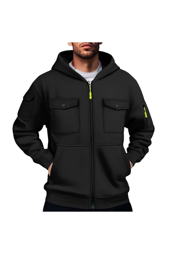 Men's Military Cargo Hoodie Jacket, Multi-Pocket Zippered Tactical Top, Athletic Wear for Outdoor Training and Street Style Fashion,Black XL