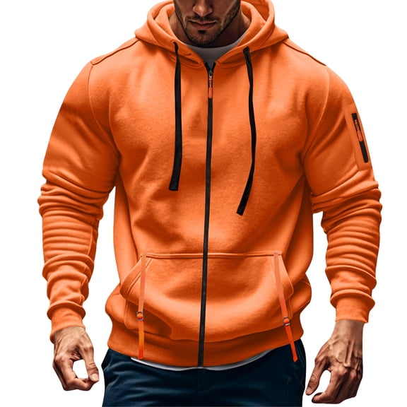 WTOBBY Men's Military Cargo Hoodie Jacket, Multi-Pocket Zippered Tactical Top, Athletic Wear for Outdoor Training and Street Style Fashion,Orange M