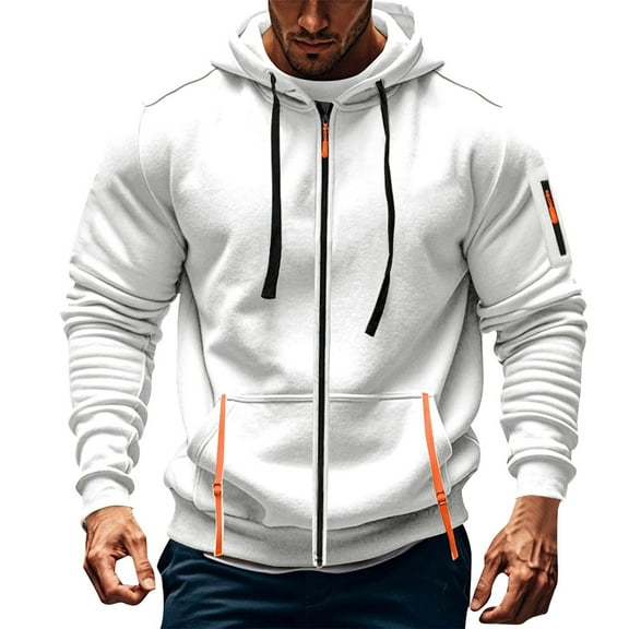 WTOBBY Men's Military Cargo Hoodie Jacket, Multi-Pocket Zippered Tactical Top, Athletic Wear for Outdoor Training and Street Style Fashion,White M