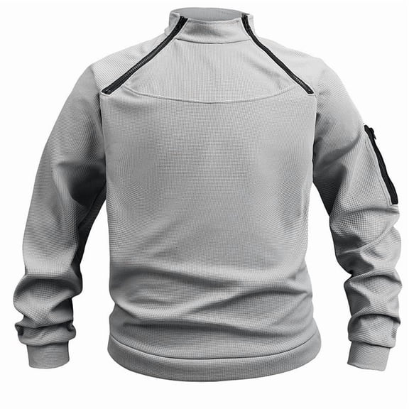 WTOBBY Men's Military Style Fleece Sweatshirt, Stand Collar Windproof Knit Pullover for Outdoor Workout, Loose Fit Thermal Comfort,Light Gray M