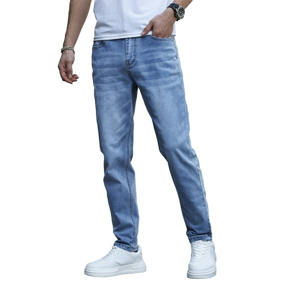 WTOBBY Men's Modern Slim Fit Jeans Casual Denim Pants with Streamlined Silhouette - Stretch Comfort Trousers Design with Solid Color Finish for Contemporary Style Comfort,Light Blue M