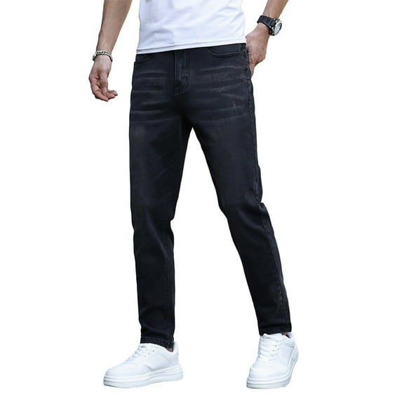 WTOBBY Men's Modern Slim Fit Jeans Casual Denim Pants with Streamlined Silhouette - Stretch Comfort Trousers Design with Solid Color Finish for Contemporary Style Comfort,Black L