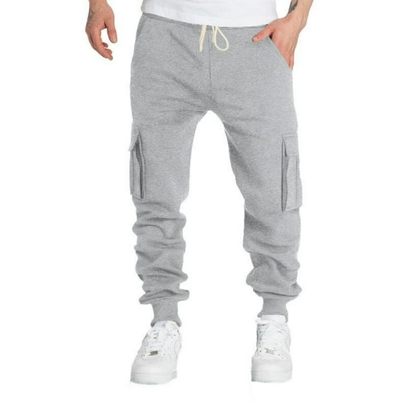 WTOBBY Men's Multi-Pocket Fleece-Lined Cargo Pants Relaxed Fit for Casual Outdoor Activities Warm Comfortable Workout Joggers Men's Trousers,Light Gray S