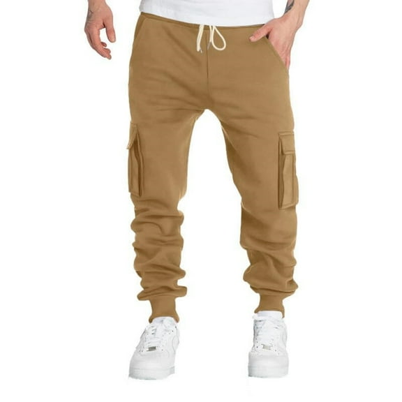 WTOBBY Men's Multi-Pocket Fleece-Lined Cargo Pants Relaxed Fit for Casual Outdoor Activities Warm Comfortable Workout Joggers Men's Trousers,Camel S