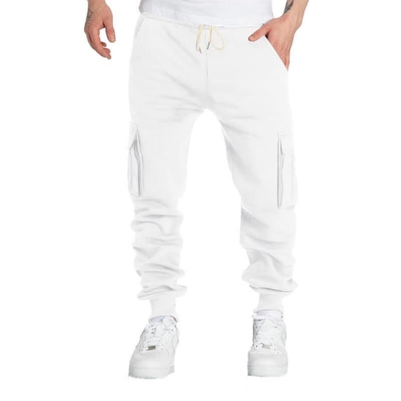 WTOBBY Men's Multi-Pocket Fleece-Lined Cargo Pants Relaxed Fit for Casual Outdoor Activities Warm Comfortable Workout Joggers Men's Trousers,White L