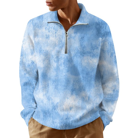 WTOBBY Men's Ombre Gradient Quarter Zip Turtleneck Long Sleeve Shirt Comfortable Casual Top for Fall and Winter Layering and Everyday Fashion,Sky Blue M