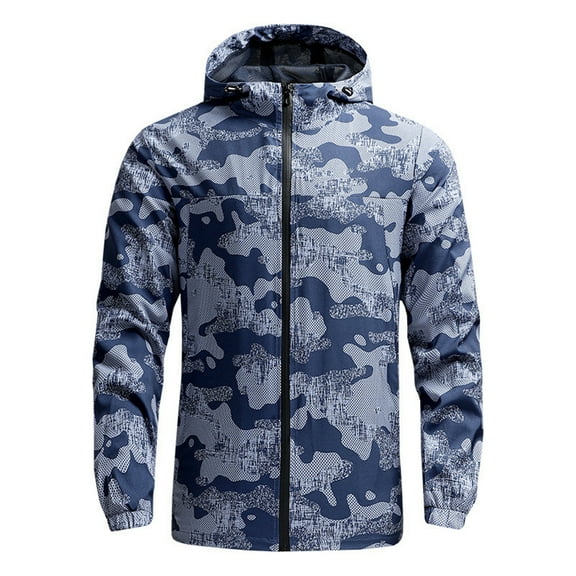WTOBBY Men's Outdoor Casual Zipper-Style Hooded Printed Jacket, Quick-Drying Thin Windproof and Waterproof Sports Windbreaker, Lightweight for Running and Travel,Navy M
