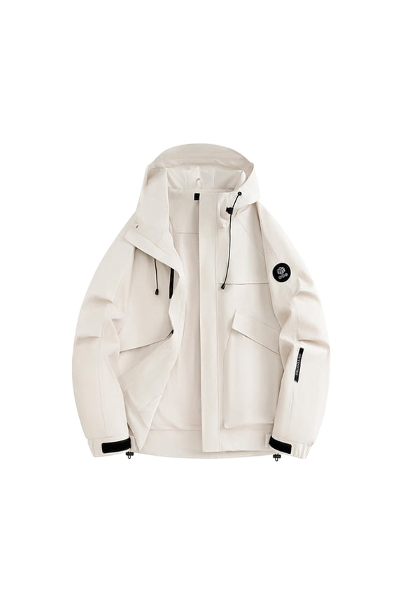 Men's Outdoor Hiking Jacket, Adjustable Hood Multi-Pocket Zipper Coat, Waterproof Windproof Rainwear for Trekking Camping and Daily Use (OUTDOORS),White 3XL