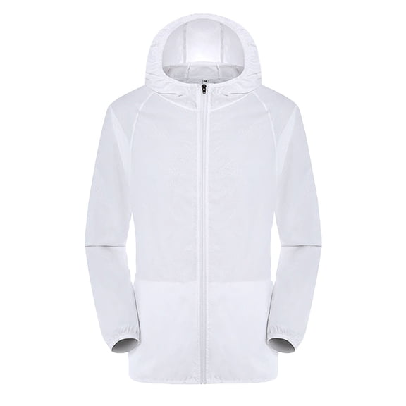 WTOBBY Men's Outdoor Long Sleeve Hooded Riding Sun Protective Skin Jacket, Windproof Ultra-Light Rainproof Windbreaker Top for Cycling and Daily Use ,White L