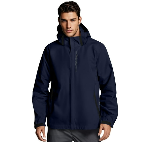 WTOBBY Men's Outdoor Performance Rain Jacket, Windproof Hooded Shell with Water-Resistant Finish, Trail Running Cycling Essential Gear,Dark Blue 2XL