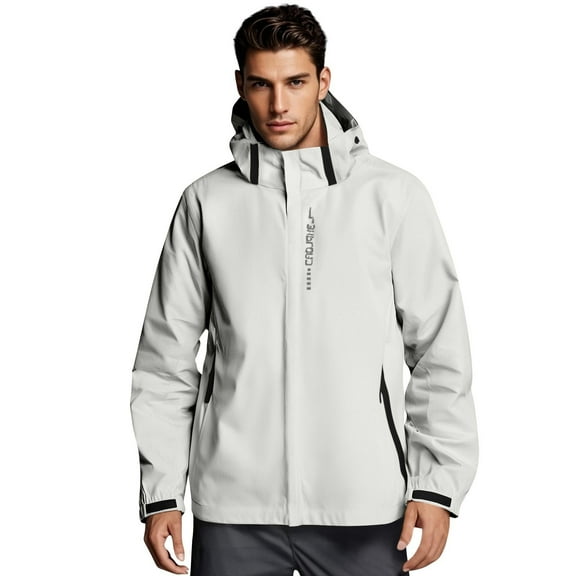 WTOBBY Men's Outdoor Performance Rain Jacket, Windproof Hooded Shell with Water-Resistant Finish, Trail Running Cycling Essential Gear,White L