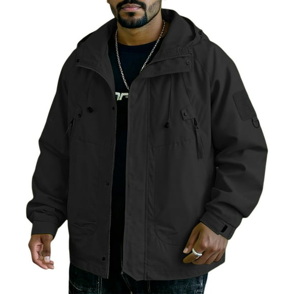 WTOBBY Men's Outdoor Waterproof Windbreaker Jacket with Pit Zips Ventilation, Packable Design for Hiking Travel, Moisture-Wicking Quick-Dry Fabric,Black L
