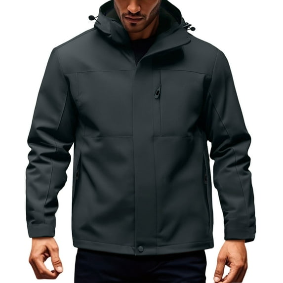 WTOBBY Men's Outdoor Waterproof Windproof Jacket - Solid Color Hooded Design with Zip-Up, Multi-Pockets,Perfect for Hiking, Camping, and All-Weather Protection,Gray 3XL