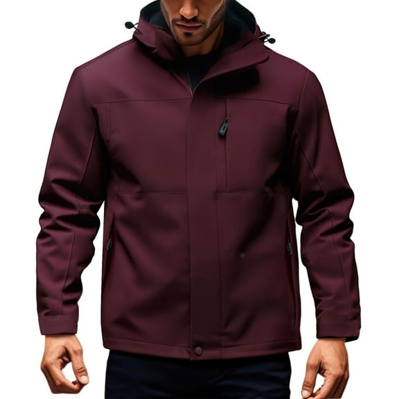 WTOBBY Men's Outdoor Waterproof Windproof Jacket - Solid Color Hooded Design with Zip-Up, Multi-Pockets,Perfect for Hiking, Camping, and All-Weather Protection,Wine 3XL