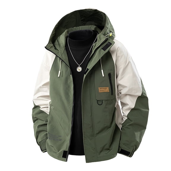 WTOBBY Men's Outdoor Work Jacket, Waterproof Windbreaker with Multiple Pockets, Loose Fit Hooded Coat for Hiking and Daily Use,Army Green 4XL