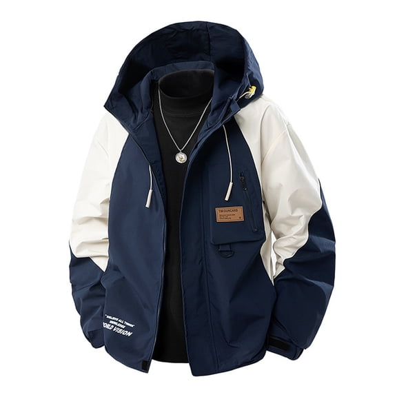 WTOBBY Men's Outdoor Work Jacket, Waterproof Windbreaker with Multiple Pockets, Loose Fit Hooded Coat for Hiking and Daily Use,Blue L