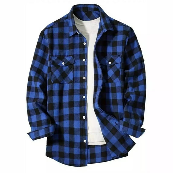 WTOBBY Men's Plaid Long Sleeve Shirt Collared Casual Loose Fit Pocket Flannel Button Front Fall Winter Workwear Warm Relaxed Fit Outdoor Top,Blue 3XL