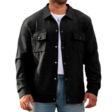 WTOBBY Men's Plaid Shacket Long Sleeve Lapel Collar Double Pocket Casual Loose Fit Button Front Flannel Outerwear Shirt Jacket Fall Winter Warm,Black L