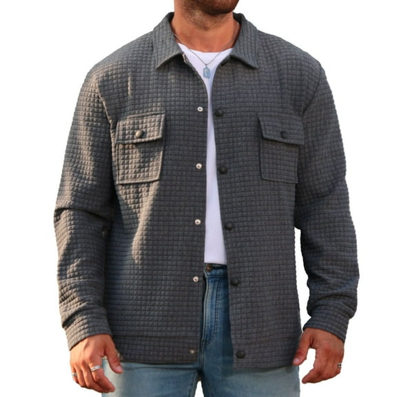 WTOBBY Men's Plaid Shacket Long Sleeve Lapel Collar Double Pocket Casual Loose Fit Button Front Flannel Outerwear Shirt Jacket Fall Winter Warm,Gray 3XL
